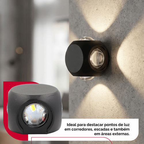 Arandela de Parede Preta LED 5W IP66 A Prova d'Água 4 Fachos de Luz Decoração Externa Branco Quente
