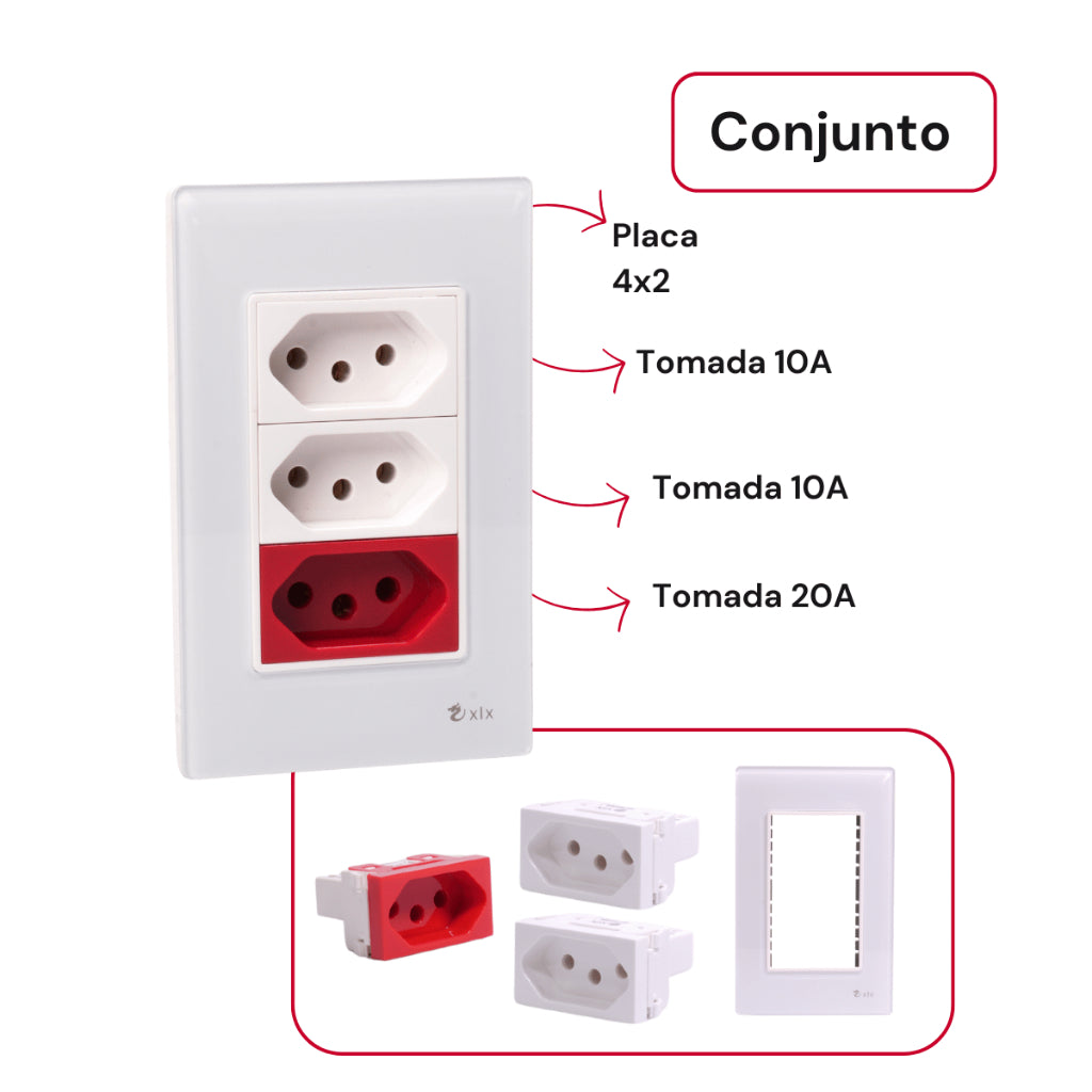 Tomada Modular Tripla 10A 20A 110V 220V Placa Preta Acrílico Espelhada Alumínio Moderna Innova XLX