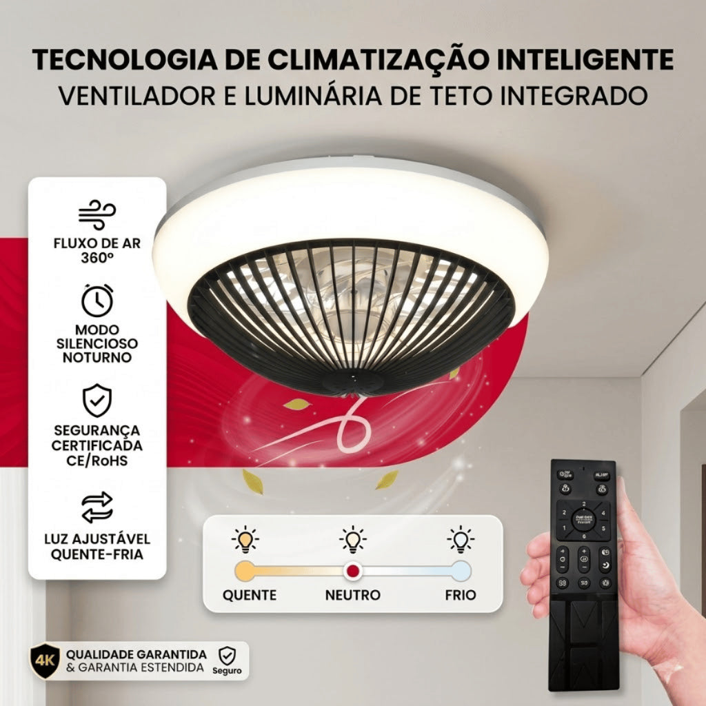Ventilador de Teto Lâmpada Embutir Luz Led Ajustável Controle Remoto Bivolt Verão 6 Velocidades