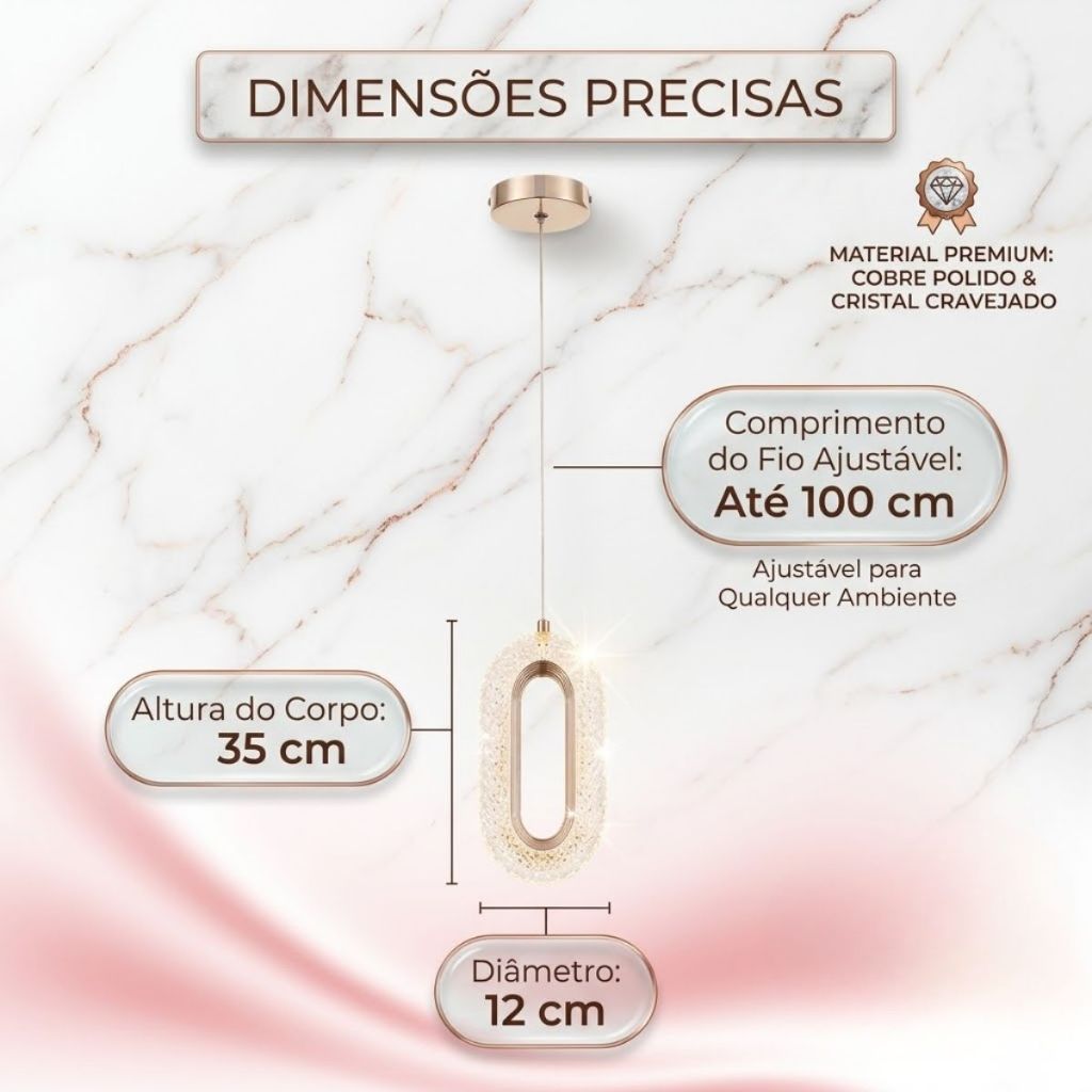 Luminária Pendente Anel De Cristal Oval Led Dourada Cor Ajustável Cabeceira Lavabo Bivolt