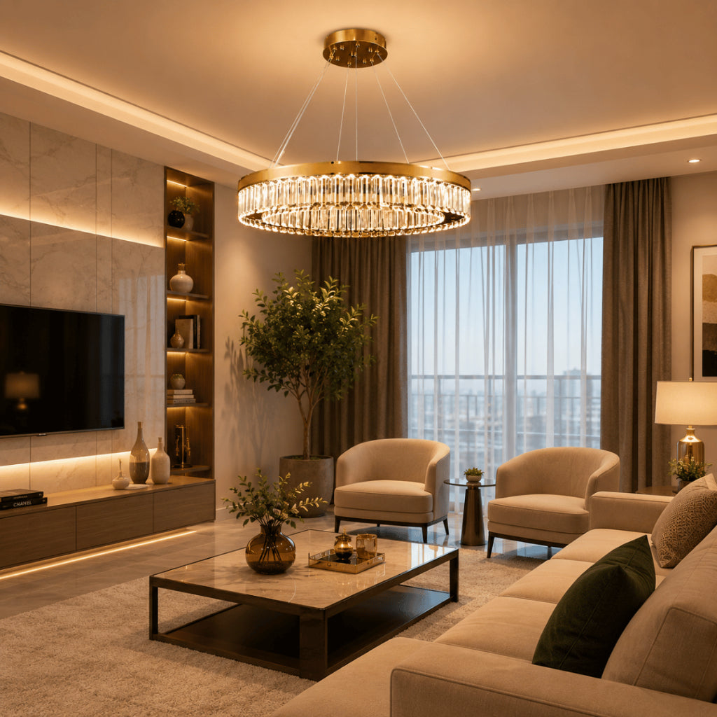 Lustre Pendente Cristal K9 Dourado Redondo Luxo Sala de Jantar E14 Bivolt Cabos Ajustáveis 39cm