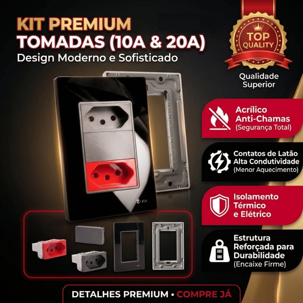 Tomada Modular 110V 220V 10A 20A Placa Acrílico Espelhado Alumínio Innova Pro XLX Moderna Preta