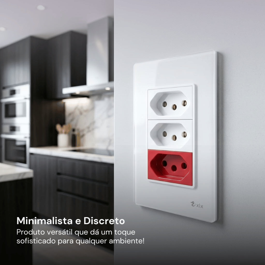 Tomada Modular Tripla 10A 20A 110V 220V Placa Preta Acrílico Espelhada Alumínio Moderna Innova XLX