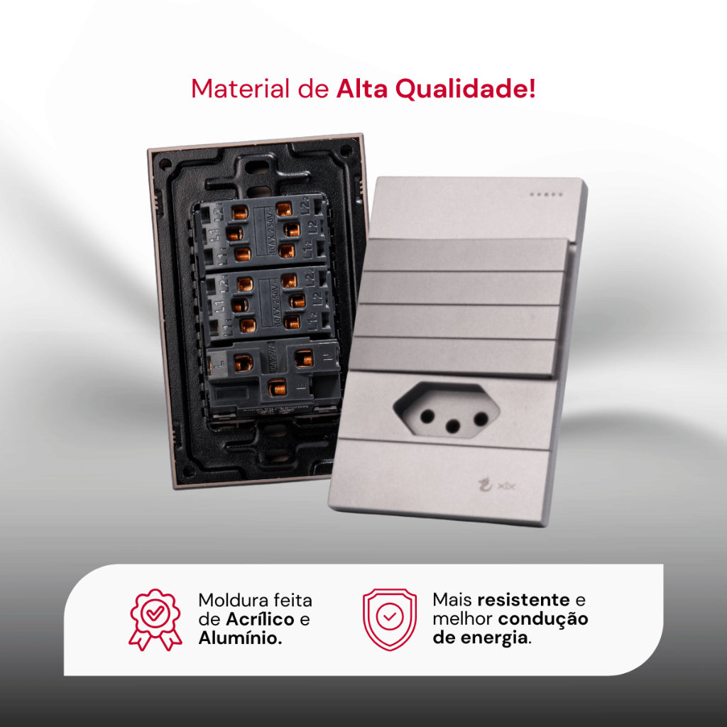 Tomada Modular 10A 110V Interruptor Unipolar Bipolar Cinza Preto Galvanizado Placa 4x2 Alumínio