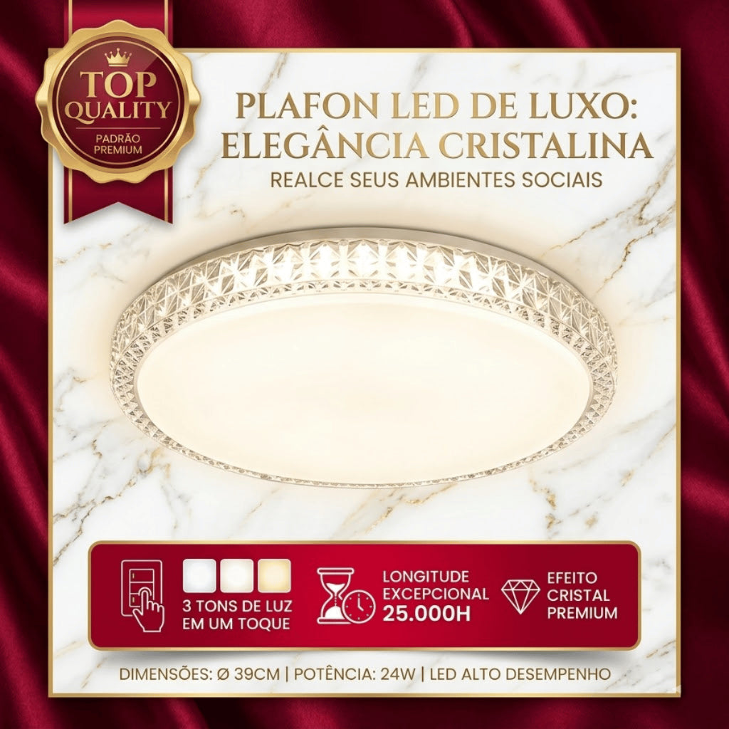Plafon LED Sobrepor Redondo Efeito Cristal 3 Cores 24W 220V Iluminação Luxo Chique Sala Quarto