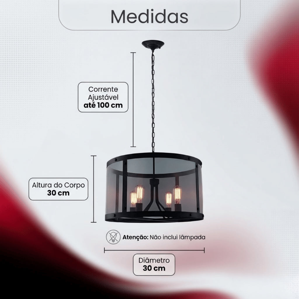 Lustre Pendente Aramado Industrial Preto 4 Soquetes E27 Altura Ajustável para Sala e Cozinha