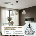 Pendente Teto Aramado Diamante Geométrico E27 Preto Estilo Industrial