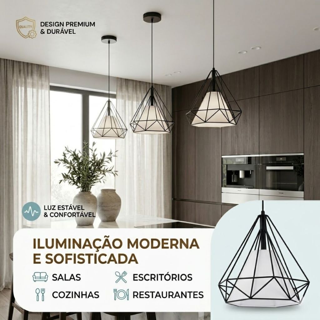 Pendente Teto Aramado Diamante Geométrico E27 Preto Estilo Industrial