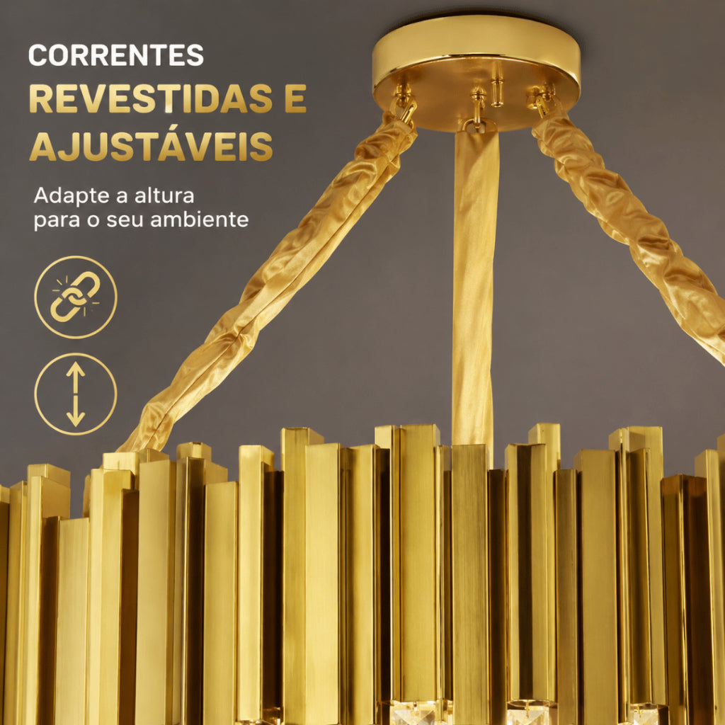 Lustre Cristal K9 Dourado Cilíndrico Moderno Pendente Luxo Sala de Jantar E14 Corrente Ajustável