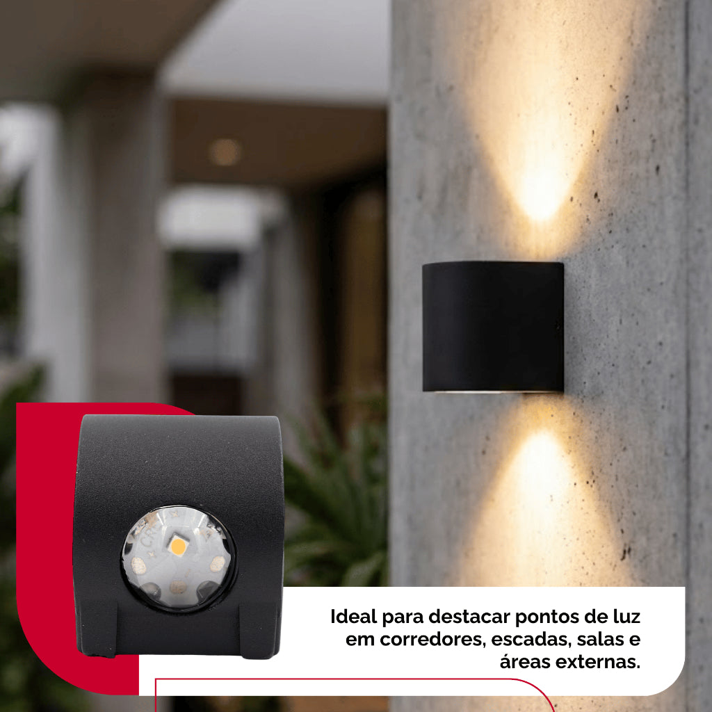 Arandela de Parede Preta LED 5W IP66 A Prova d'Água 2 Fachos de Luz Decoração Externa Branco Quente