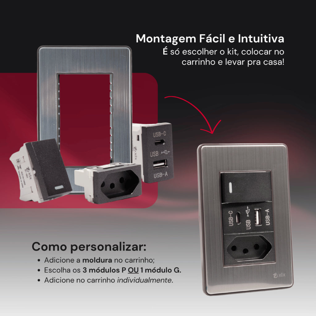 Tomada Modular 4X2 10A 20A Aço Escovado Cinza Monte a Sua USB Placa Interruptor Bipolar Unipolar