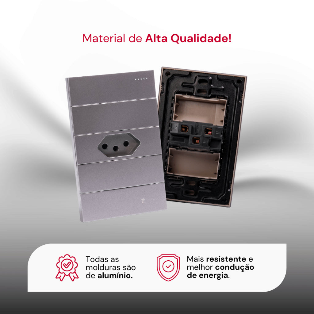 Tomada Modular 10A 110V Cinza Preto Pintura Galvanizada Anti Chamas Moderna Placa 4x2 Alumínio