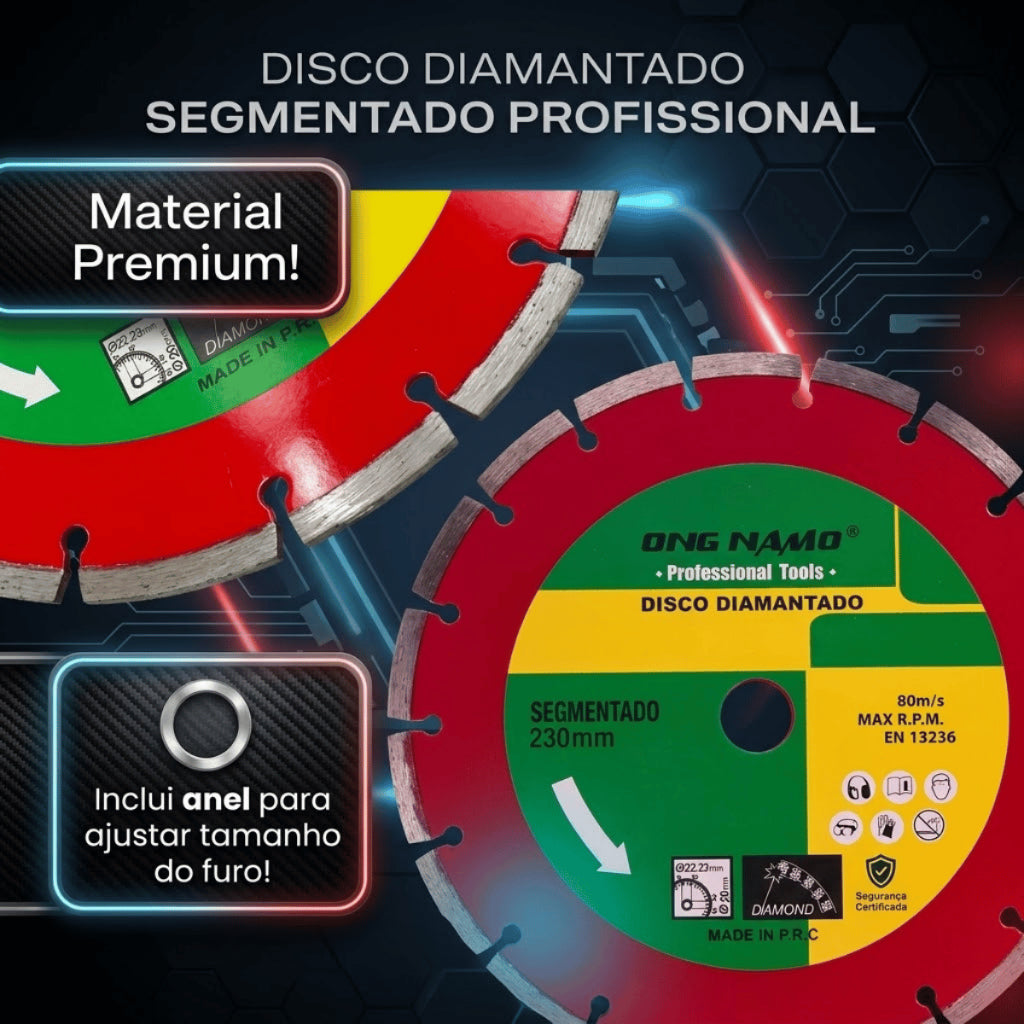 Disco Diamantado Segmentado de Corte 230 mm Seco Úmido Profissional Bloco Concreto Granito Mármore