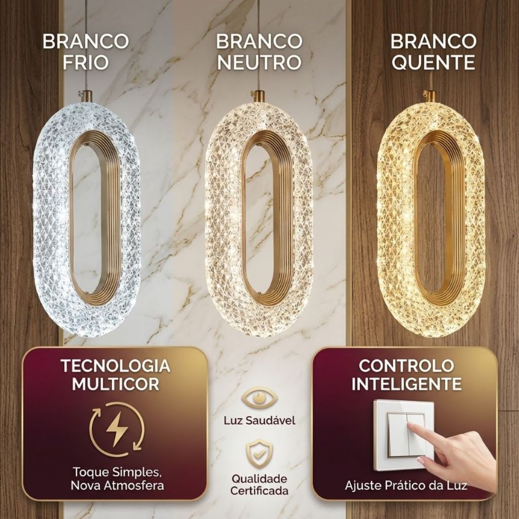 Luminária Pendente Anel De Cristal Oval Led Dourada Cor Ajustável Cabeceira Lavabo Bivolt