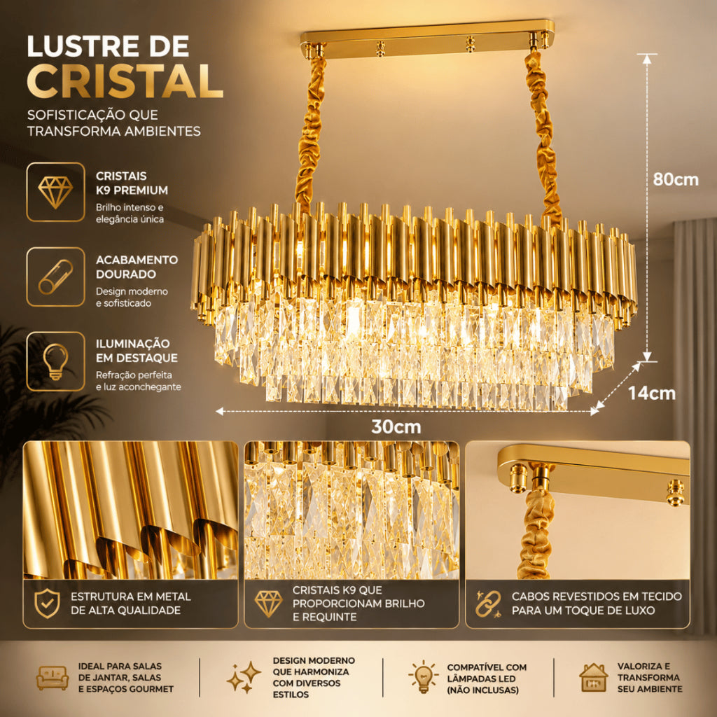 Lustre Pendente Retangular Cristal K9 Preto e Dourado E14 Bivolt Corrente Ajustável Luxo