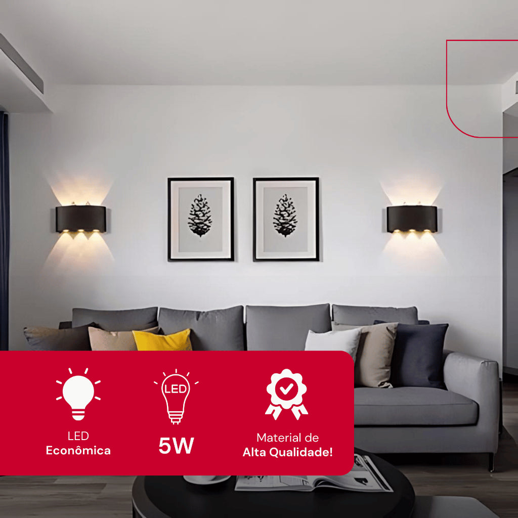 Arandela de Parede Preta LED 5W IP66 A Prova d'Água 6 Fachos de Luz Decoração Externa Branco Quente