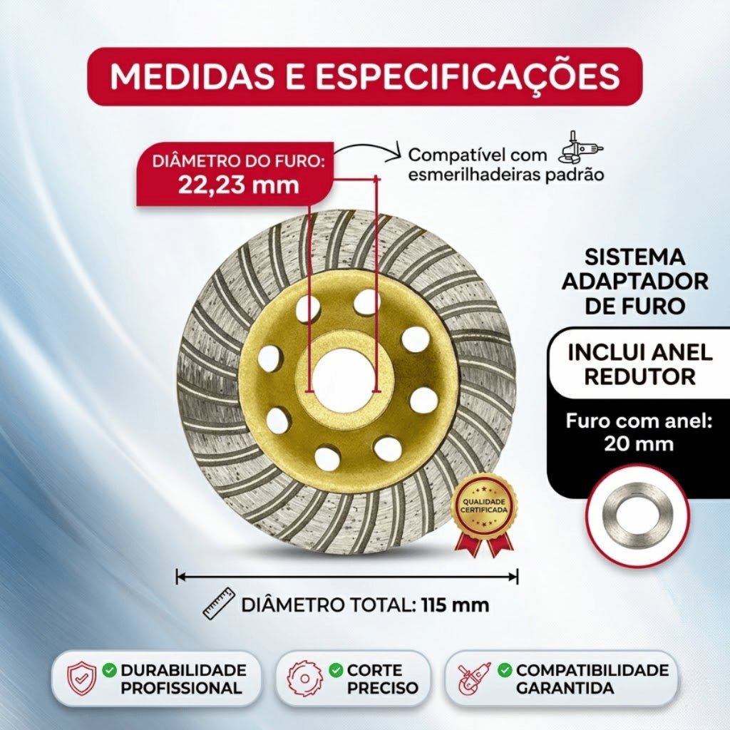Disco de Desbaste Diamantado Turbo 115mm 4.5 Polegadas Profissional Bloco Concreto Granito Mármore