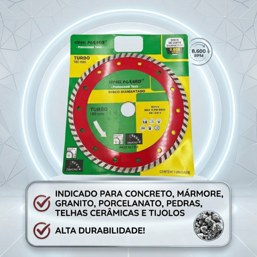 Disco Diamantado Turbo 180mm Corte Seco e Úmido Roçadeira Profissional Porcelanato Mármore Concreto