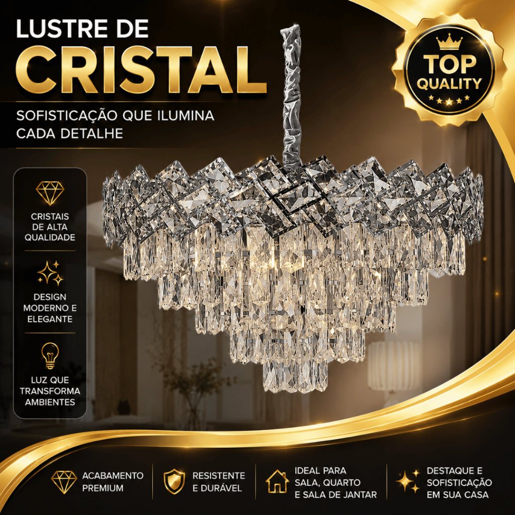 Lustre Cristal K9 Premium Redondo Pendente Sala de Jantar Luxo Prata E14 Bivolt Corrente Ajustável