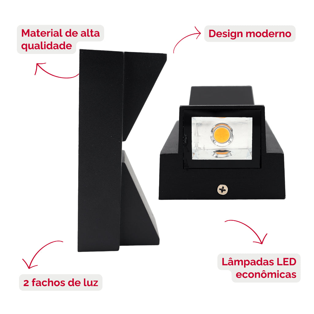 Arandela de Parede Preta LED 5W IP66 A Prova d'Água 2 Fachos de Luz Decoração Externa Branco Quente
