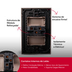 Tomada Modular 10A 110V Cinza Preto Pintura Galvanizada Anti Chamas Moderna Placa 4x2 Alumínio