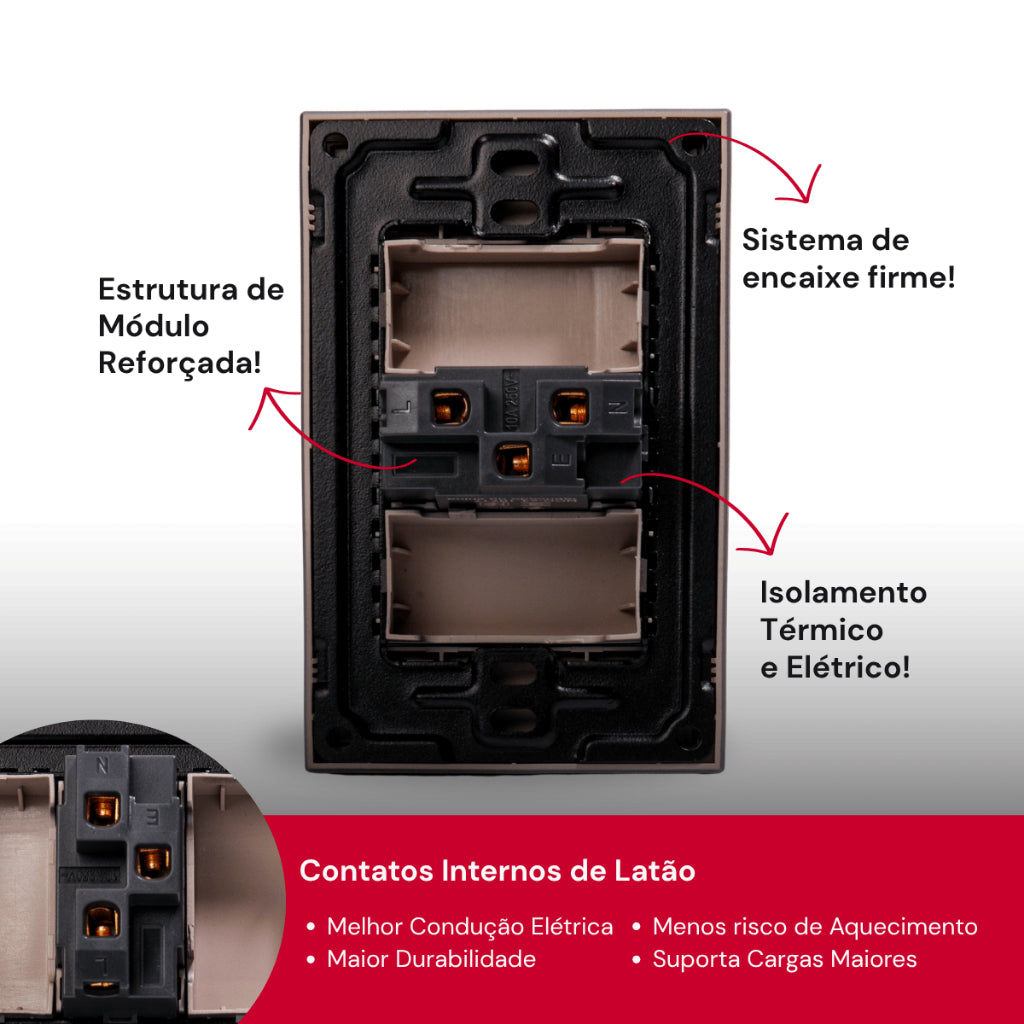 Tomada Modular 10A 110V Cinza Preto Pintura Galvanizada Anti Chamas Moderna Placa 4x2 Alumínio