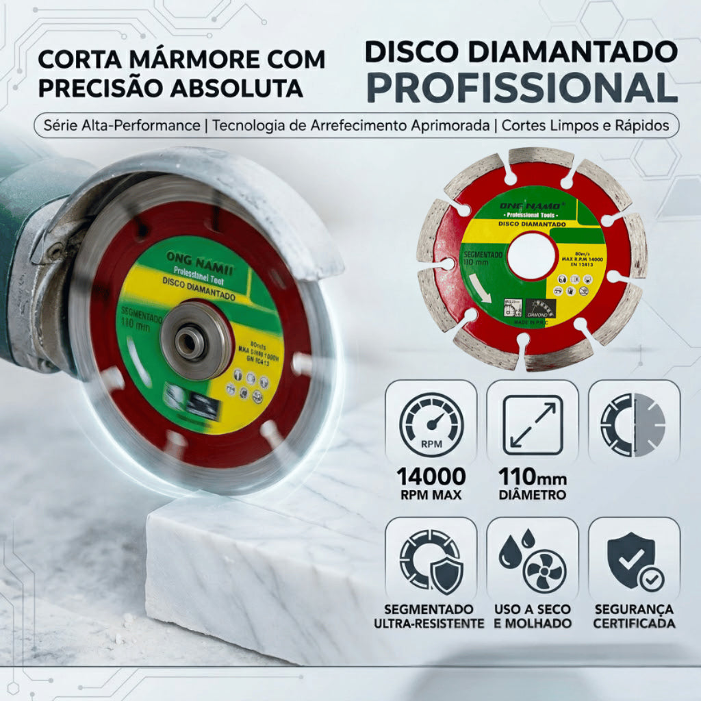Disco Diamantado Segmentado 110 mm Profissional Seco e Molhado Corte Serra Concreto Granito Mármore