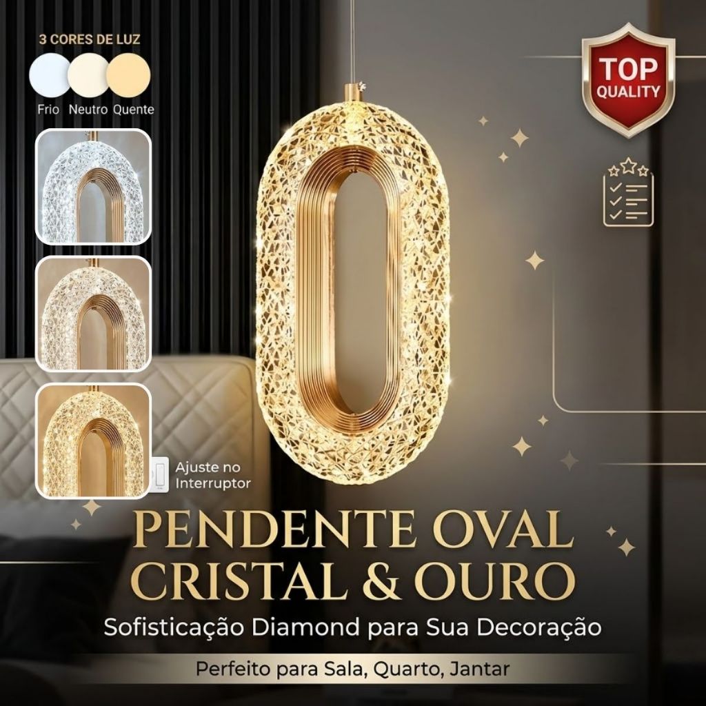 Luminária Pendente Anel De Cristal Oval Led Dourada Cor Ajustável Cabeceira Lavabo Bivolt
