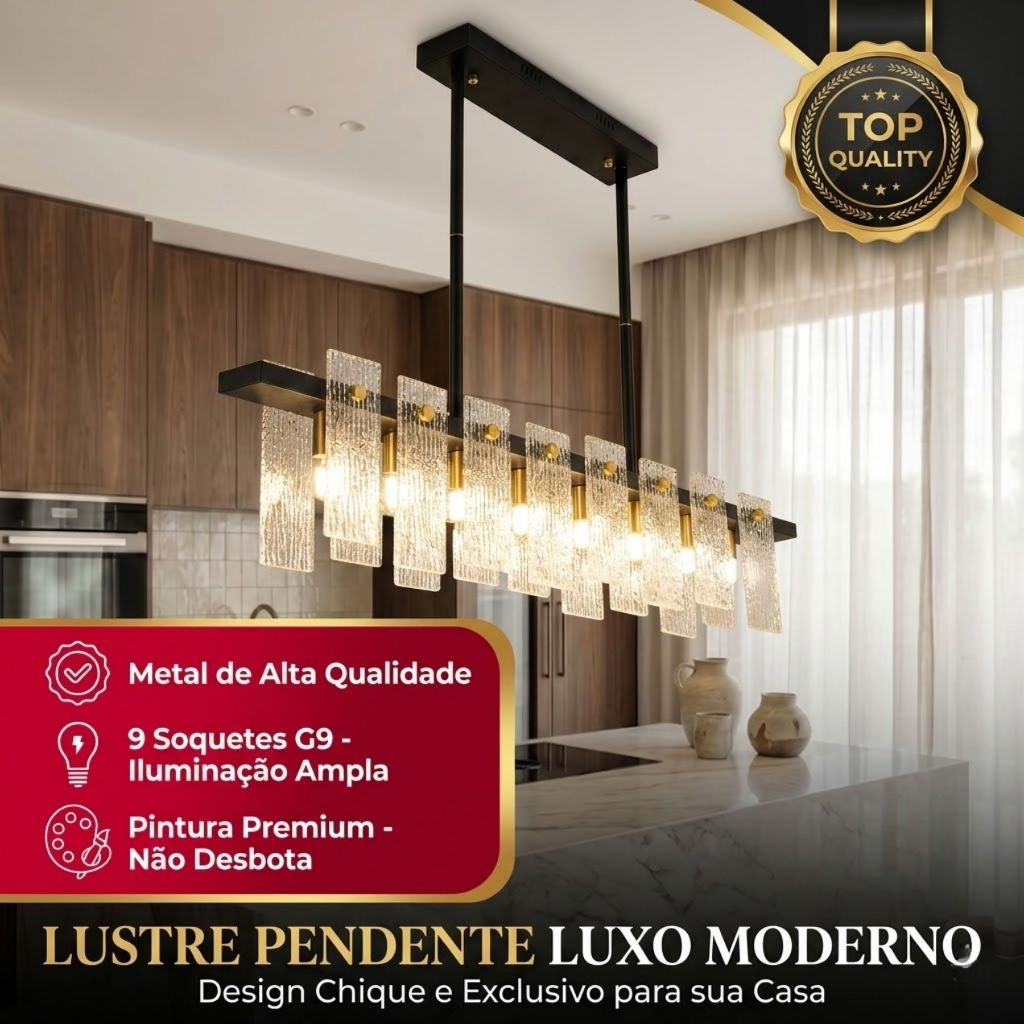 Lustre Pendente Bivolt Linear Moderno Vidro Texturizado Premium G9 Sala Jantar Luxuoso Chique
