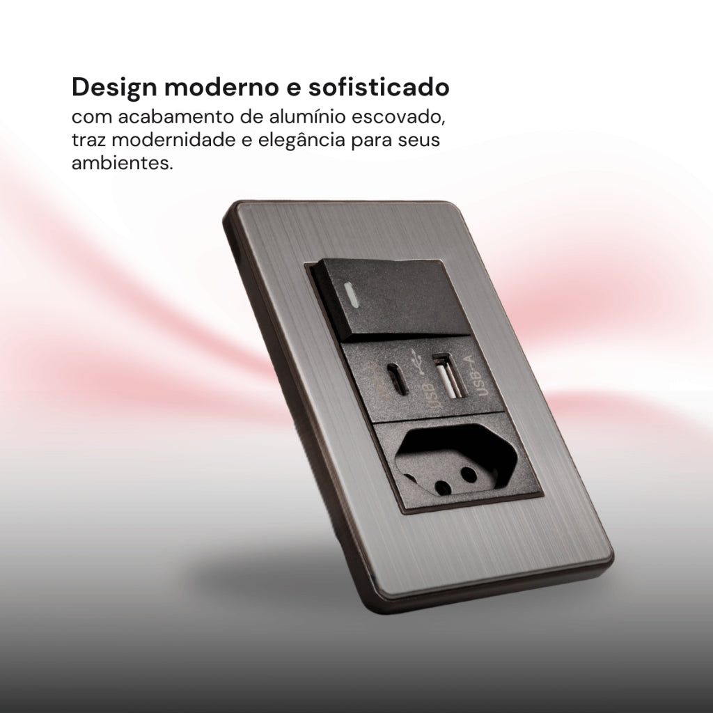 Interruptor de Parede 4X2 Luxo Unipolar Bipolar Carregador USB-C/A e Tomada 10A 110V Fusion Pro