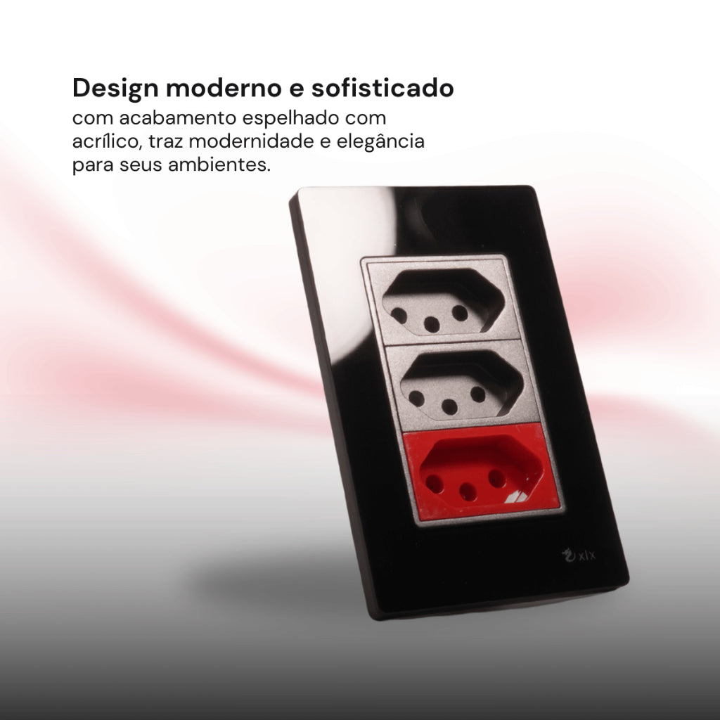 Tomada Modular Tripla 10A 20A 110V 220V Placa Preta Acrílico Espelhada Alumínio Moderna Innova XLX