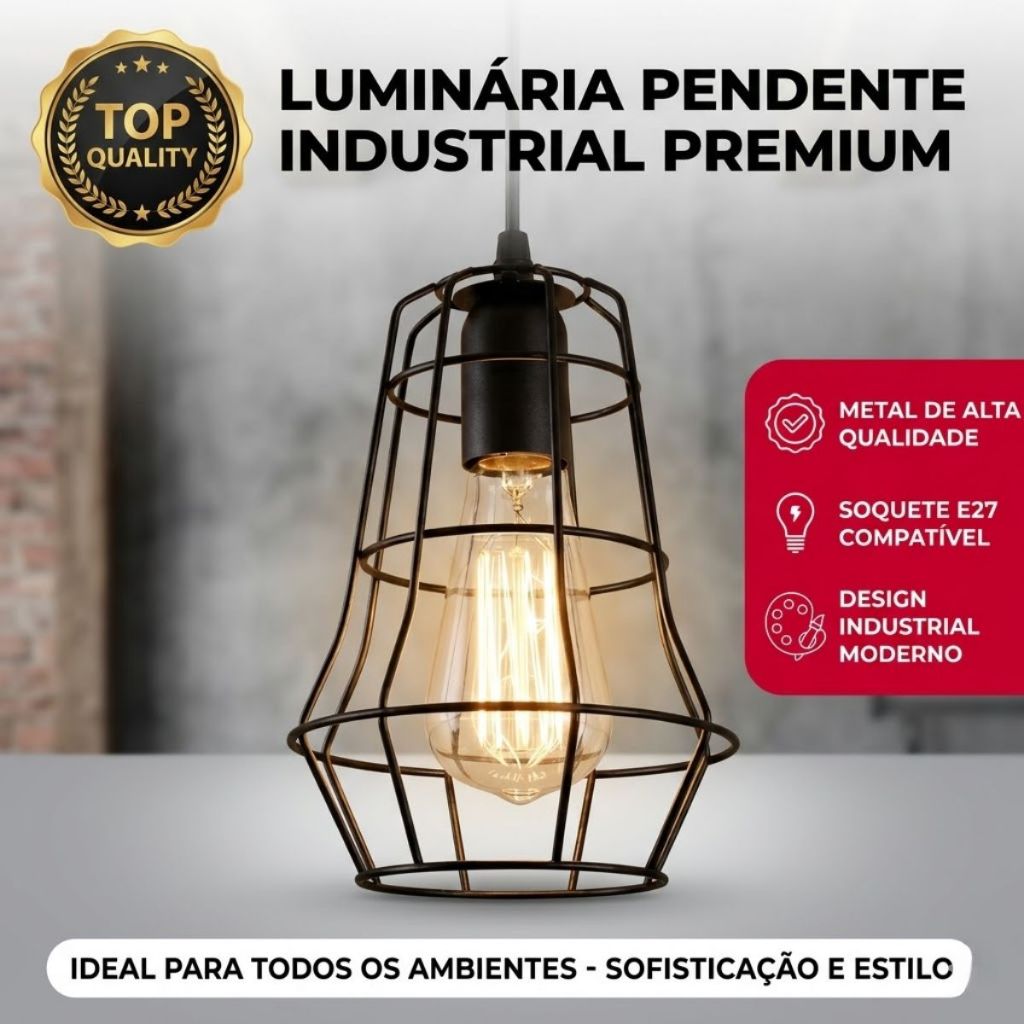 Pendente de Teto Aramado XLX Alumínio Preto Luminária Industrial Vintage Retrô Importado E27