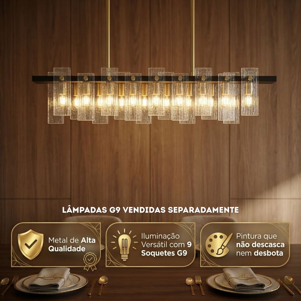 Lustre Pendente Bivolt Linear Moderno Vidro Texturizado Premium G9 Sala Jantar Luxuoso Chique