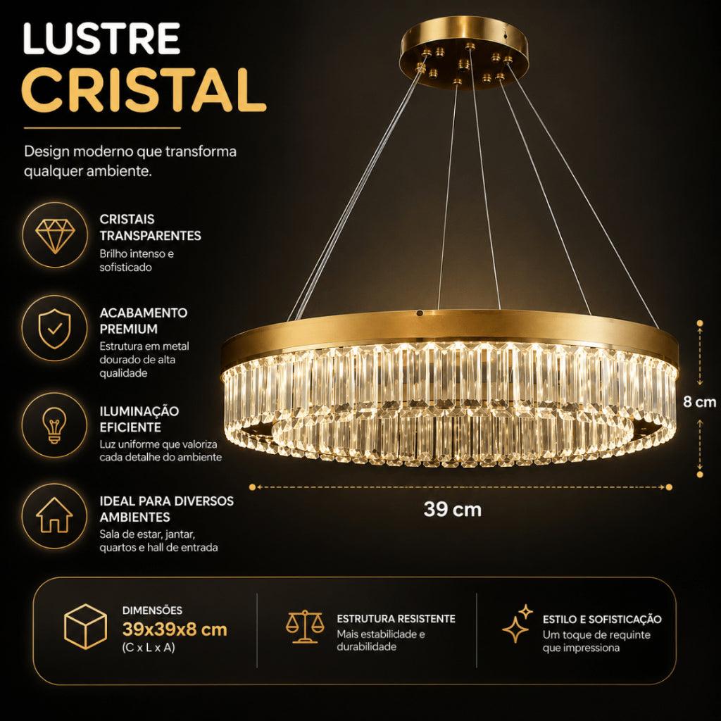 Lustre Pendente Cristal K9 Dourado Redondo Luxo Sala de Jantar E14 Bivolt Cabos Ajustáveis 39cm