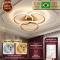 Lustre 3 Anéis Dourado 60w Luminária LED Design Moderno Led 3 Cores Bivolt Luz Branco Neutro Quente