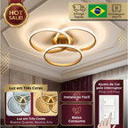 Lustre 3 Anéis Dourado 60w Luminária LED Design Moderno Led 3 Cores Bivolt Luz Branco Neutro Quente