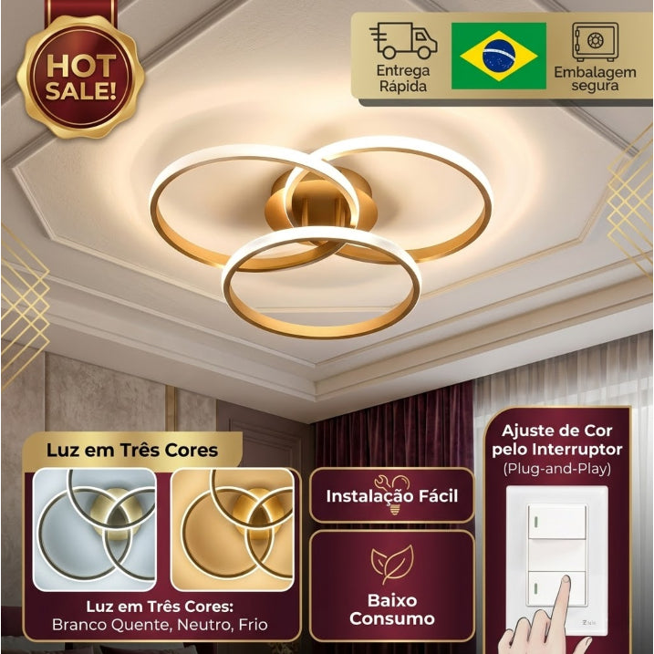 Lustre 3 Anéis Dourado 60w Luminária LED Design Moderno Led 3 Cores Bivolt Luz Branco Neutro Quente