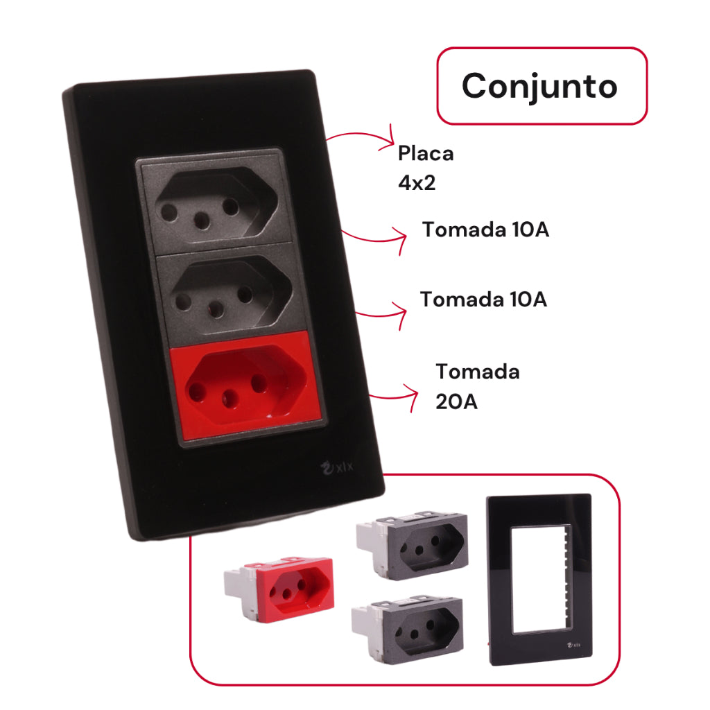 Tomada Modular Tripla 10A 20A 110V 220V Placa Preta Acrílico Espelhada Alumínio Moderna Innova XLX