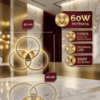 Lustre 3 Anéis Dourado 60w Luminária LED Design Moderno Led 3 Cores Bivolt Luz Branco Neutro Quente