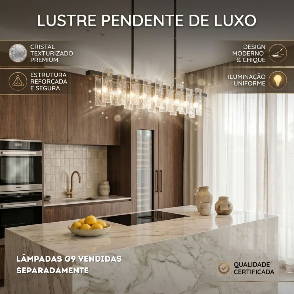 Lustre Pendente Bivolt Linear Moderno Vidro Texturizado Premium G9 Sala Jantar Luxuoso Chique