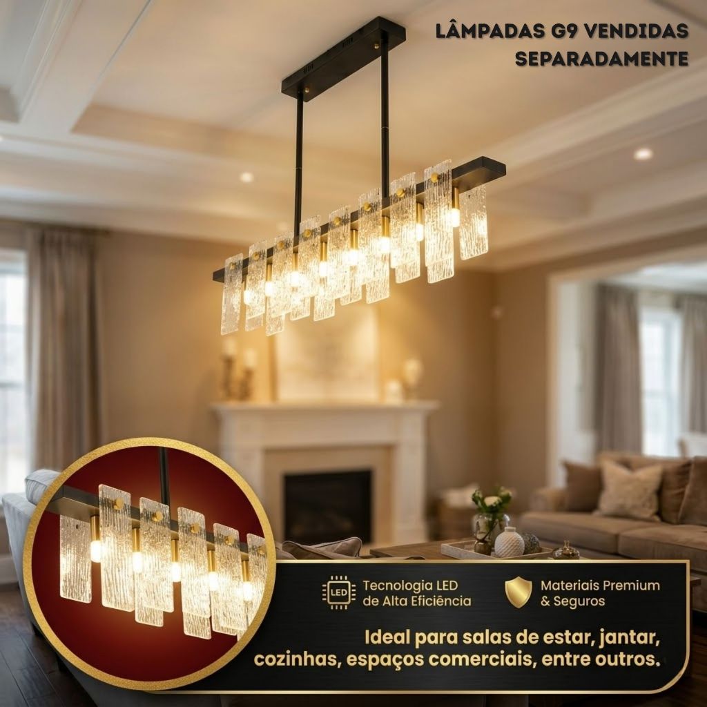 Lustre Pendente Bivolt Linear Moderno Vidro Texturizado Premium G9 Sala Jantar Luxuoso Chique