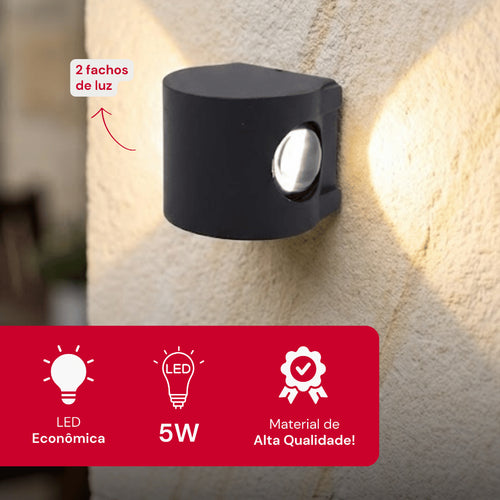 Arandela de Parede Preta LED 5W IP66 A Prova d'Água 2 Fachos de Luz Decoração Externa Branco Quente