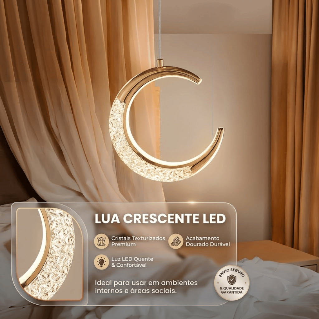 Lustre Pendente LED Lua Dourado Cristal 3 Cores de Luz Ajustavel para Quarto e Sala Bivolt