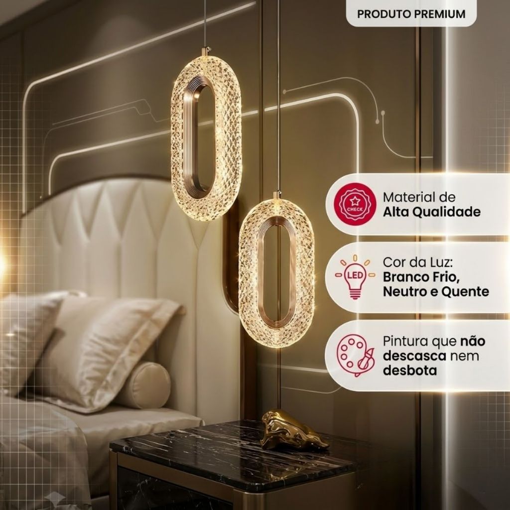 Luminária Pendente Anel De Cristal Oval Led Dourada Cor Ajustável Cabeceira Lavabo Bivolt