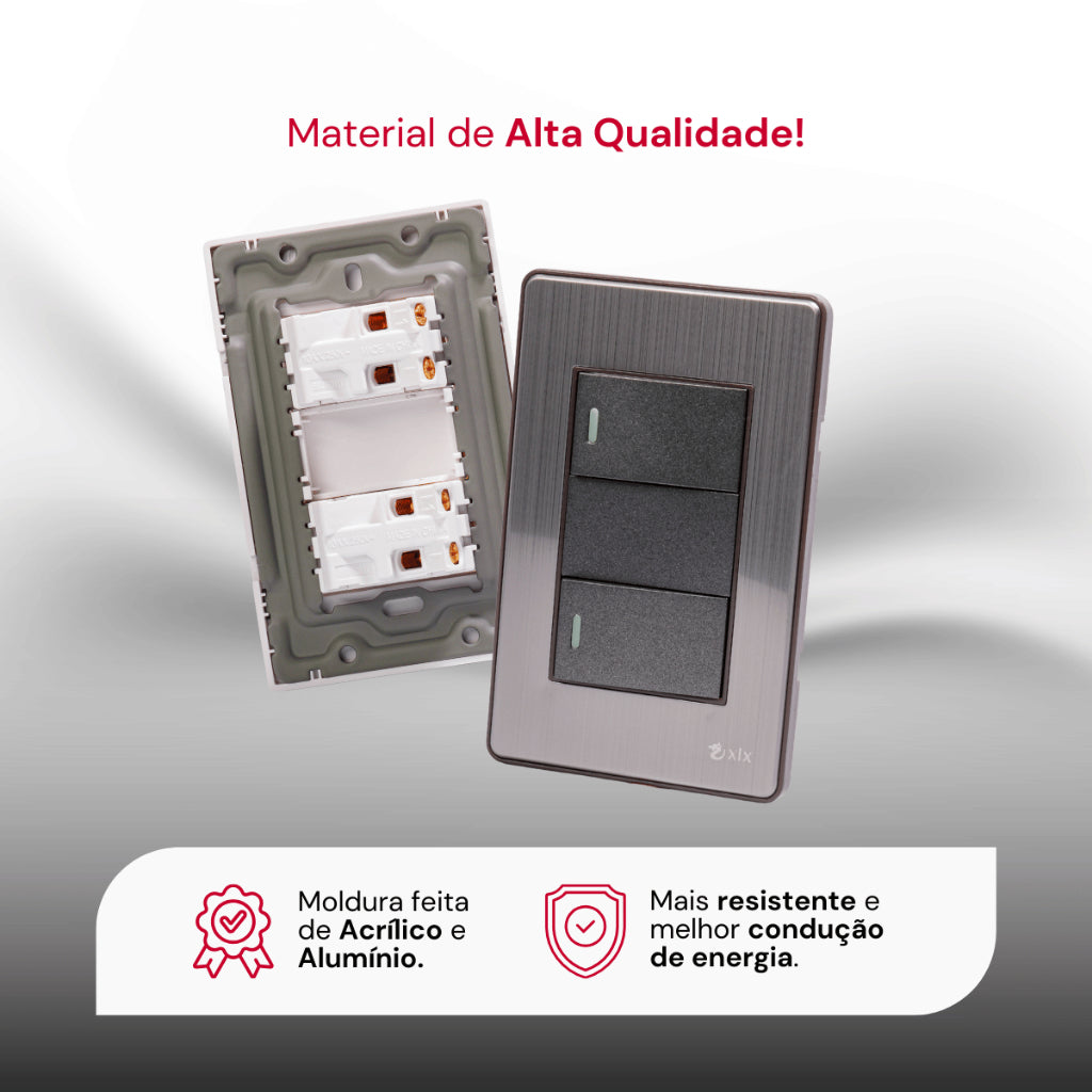 Interruptor Duplo Unipolar Bipolar XLX Tomada Fusion Pro Premium Acabamento em Aço Escovado