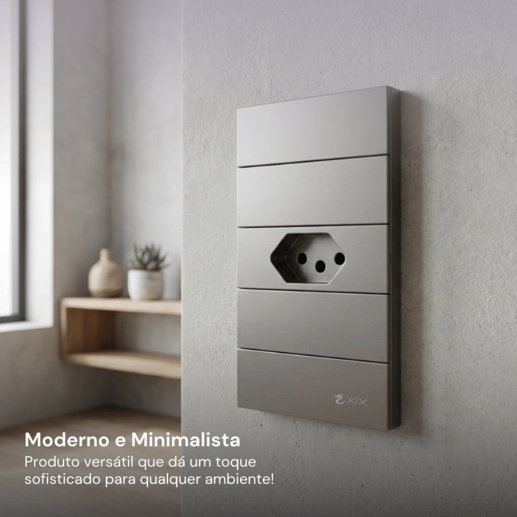 Tomada Modular 10A 110V Cinza Preto Pintura Galvanizada Anti Chamas Moderna Placa 4x2 Alumínio