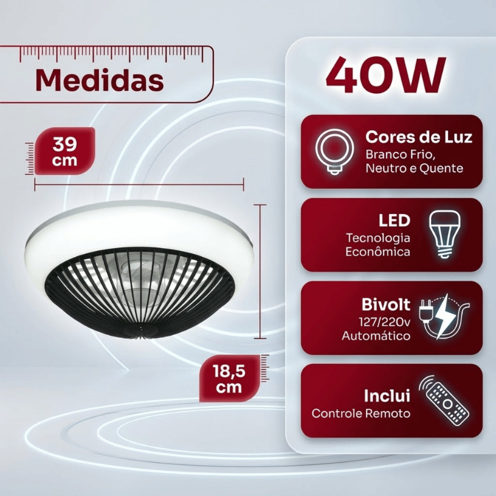 Ventilador de Teto Lâmpada Embutir Luz Led Ajustável Controle Remoto Bivolt Verão 6 Velocidades