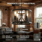 Lustre Pendente Aramado Industrial Preto 4 Soquetes E27 Altura Ajustável para Sala e Cozinha