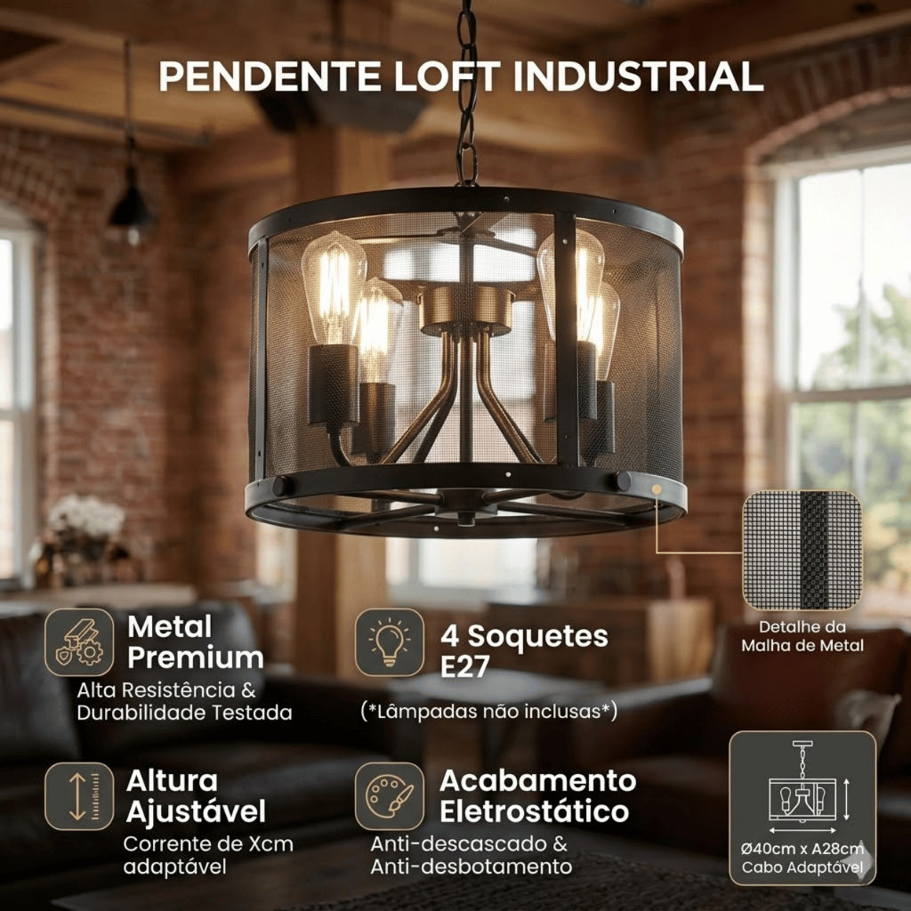 Lustre Pendente Aramado Industrial Preto 4 Soquetes E27 Altura Ajustável para Sala e Cozinha