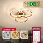 Lustre 3 Anéis Dourado 60w Luminária LED Design Moderno Led 3 Cores Bivolt Luz Branco Neutro Quente